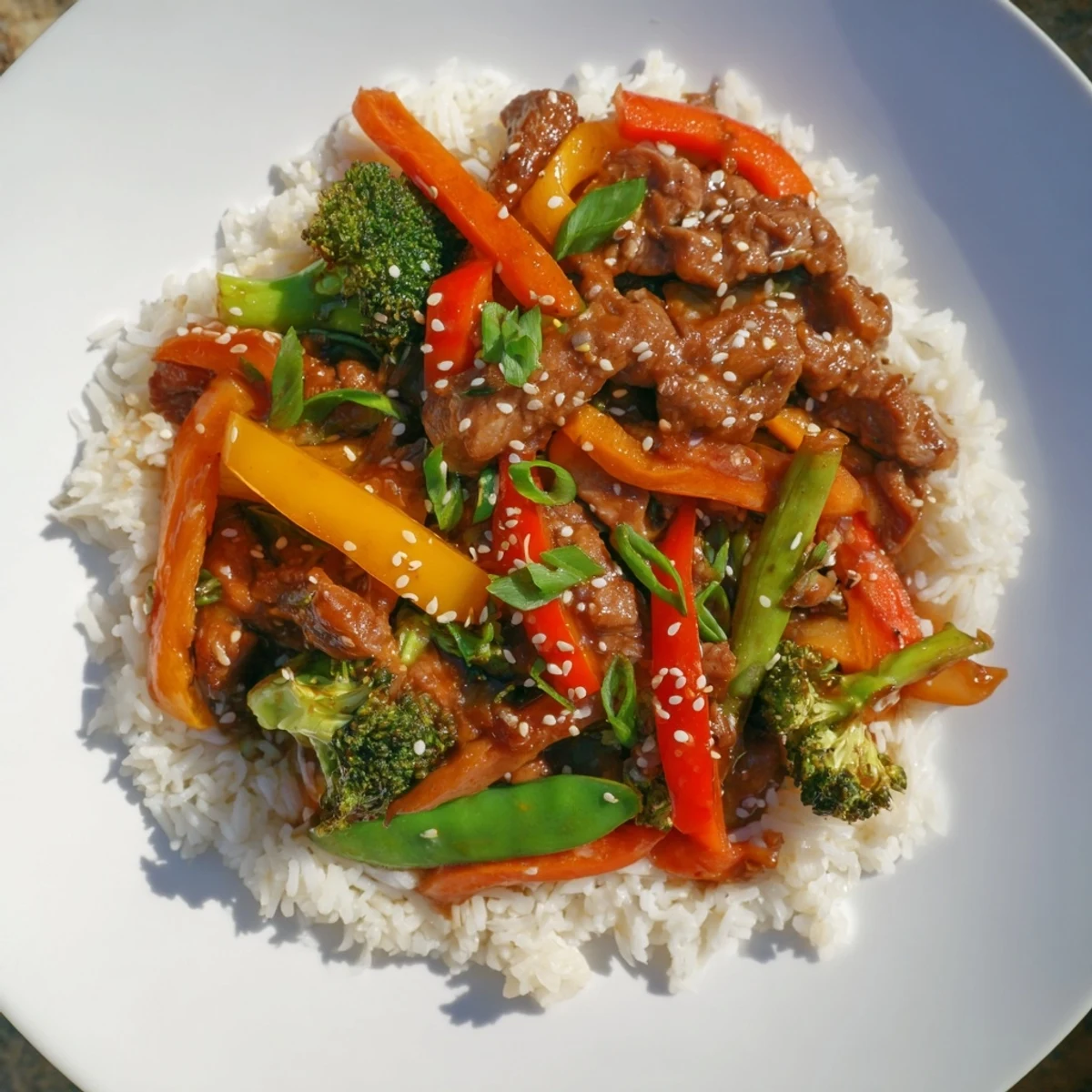 Vibrant Chicken Stir-Fry with vegetables, finished with toasted sesame seeds, easy weeknight dinner.
