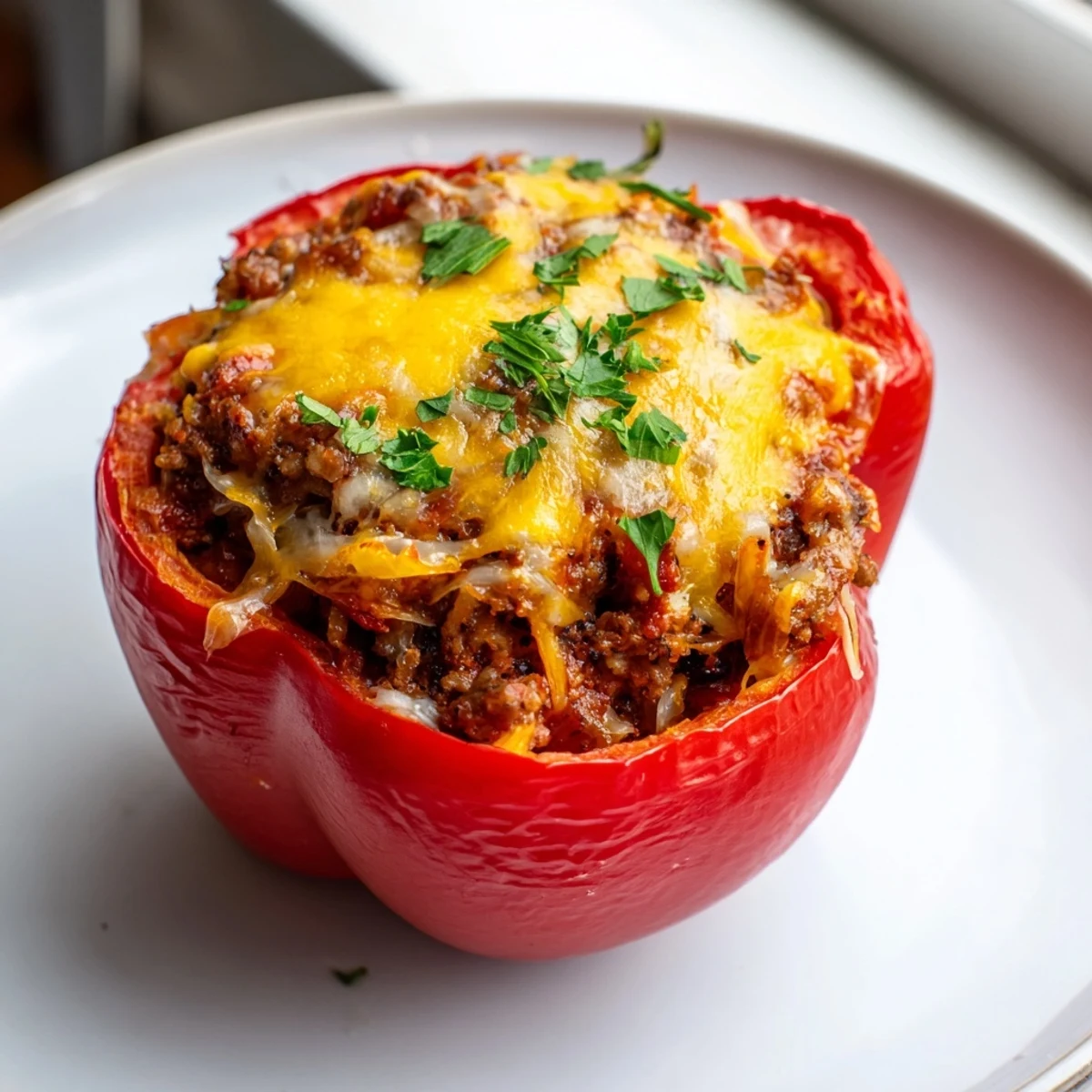 Steaming, savory Sloppy Joe Stuffed Peppers are shown, stuffed to the brim with flavorful ground beef filling.