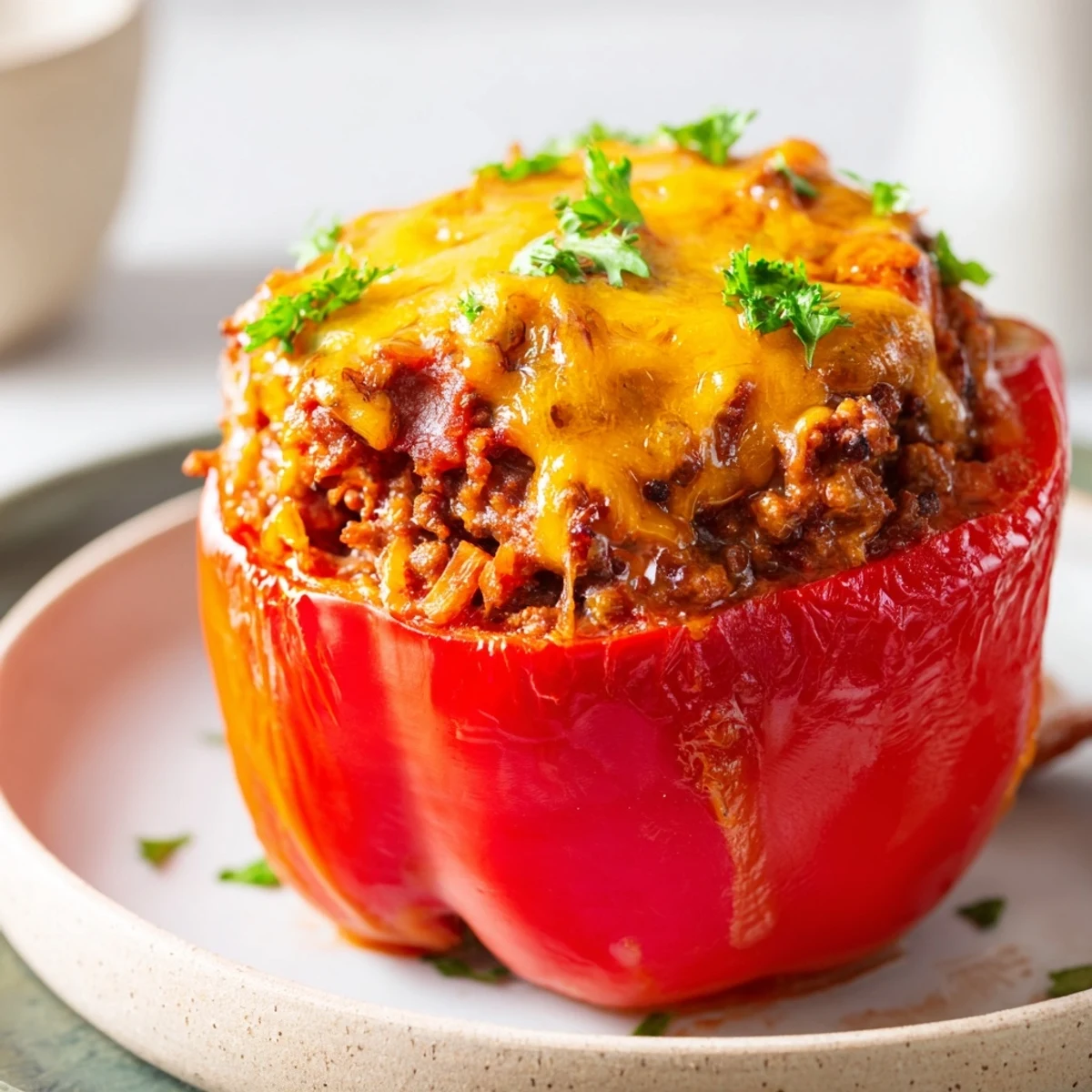 Melting cheddar and tender bell peppers showcase these delicious Sloppy Joe Stuffed Peppers in a baking dish.