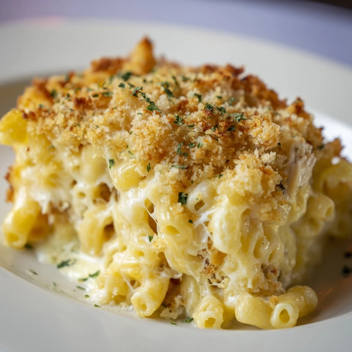 Golden, bubbly sheet pan mac and cheese glistening with a savory bacon crumble topping, so delicious.