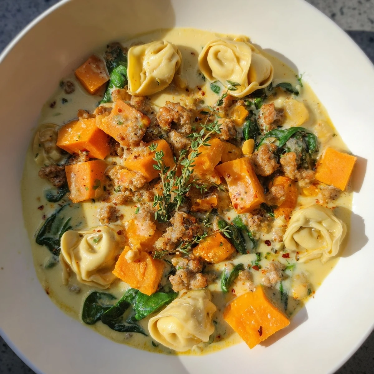 This warm bowl of Creamy Sausage Tortellini Soup shows creamy broth and Italian sausage chunks.