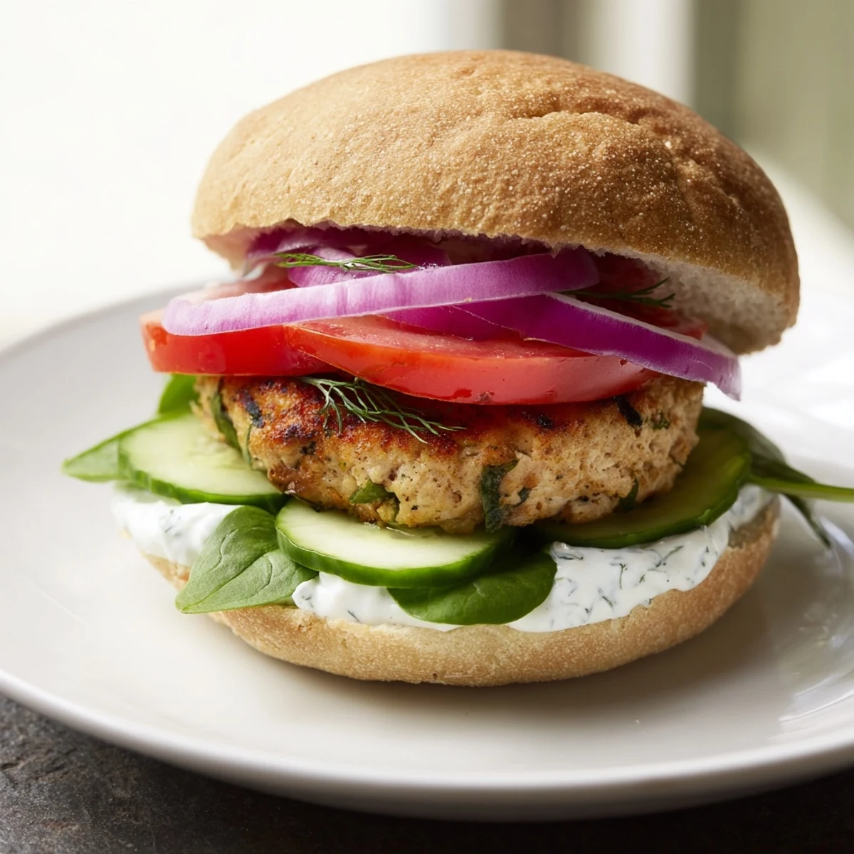 Perfectly baked Healthy Baked Chicken Sliders, stacked high with fresh tomato and cucumber, ready to serve and enjoy.