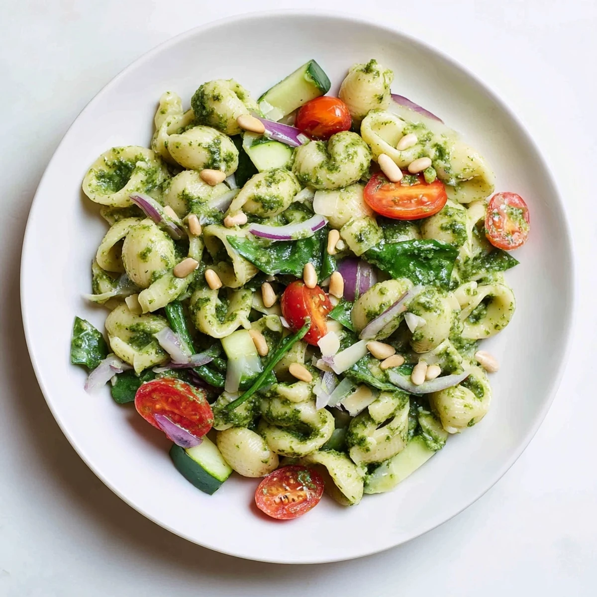 Caesar Pesto Ditalini Salad, tossed with vibrant vegetables, offers a delightful Italian-American taste experience.