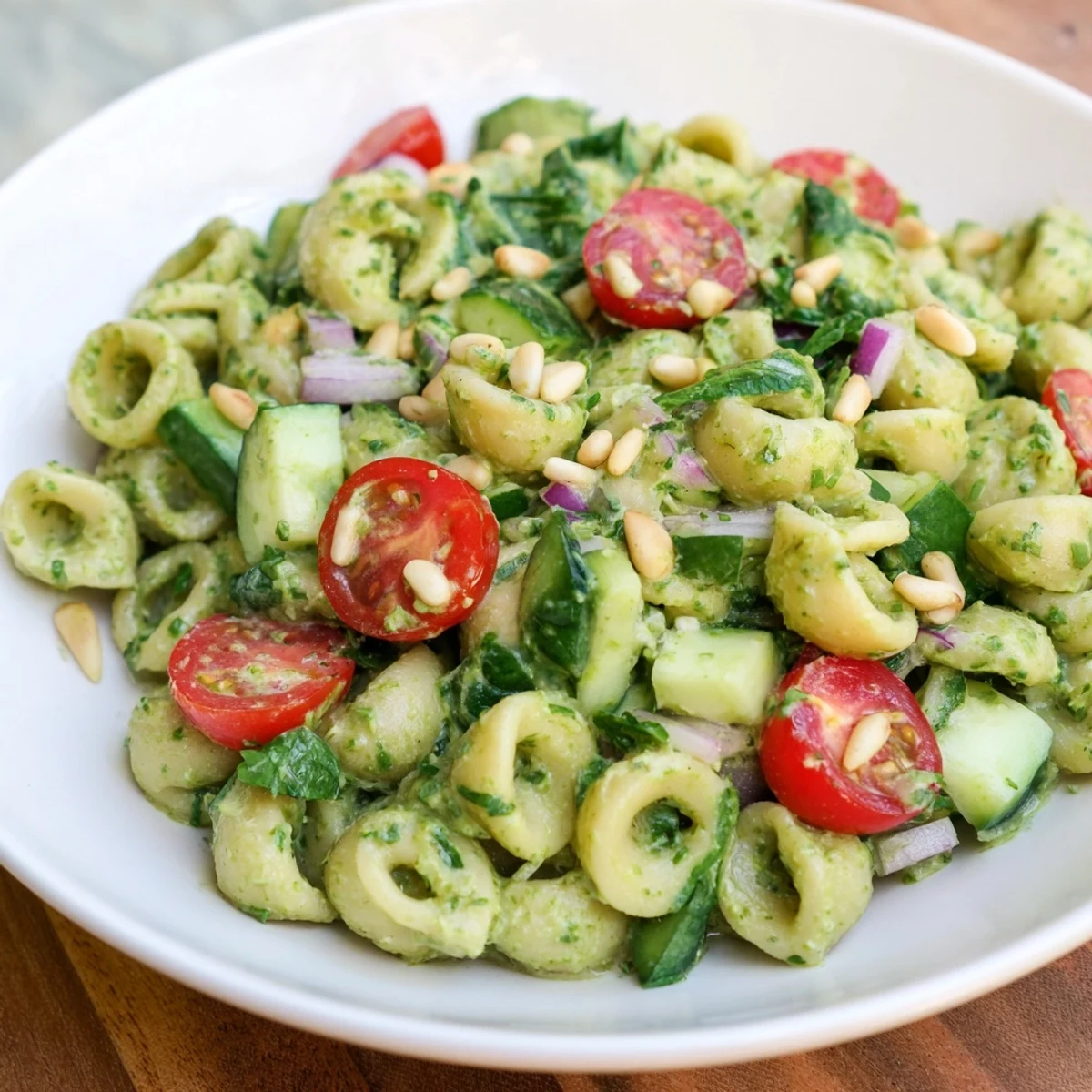 A close-up view of fresh Caesar Pesto Ditalini Salad, garnished with Parmesan and pine nuts, ready to enjoy.