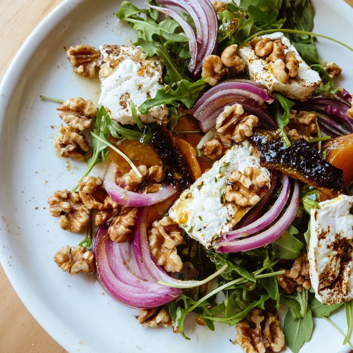 A close-up of the Spiced Honey and Date Goat Cheese Salad shows the textures of the ingredients beautifully.