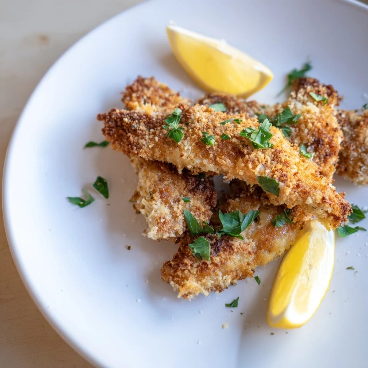 Crispy garlic Parmesan chicken tenders, perfectly coated and baked until tender and juicy.