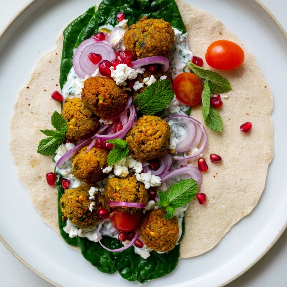 A close-up shot of the fresh Festive Falafel & Tzatziki Christmas Wreath Wrap with vibrant garnishes and textures.