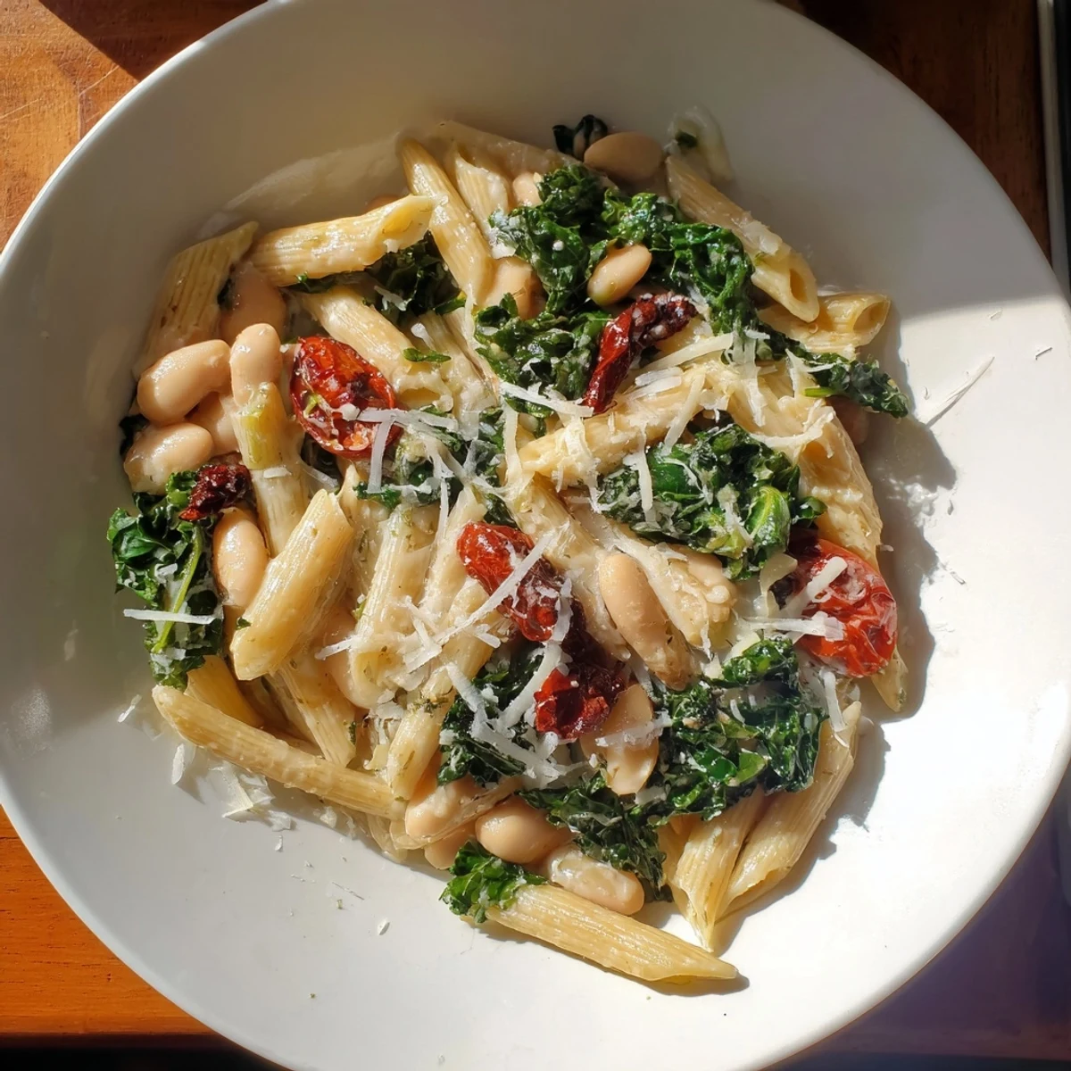 Creamy, flavorful bowl of Healthy Tuscan White Bean & Kale Christmas Pasta ready to enjoy.