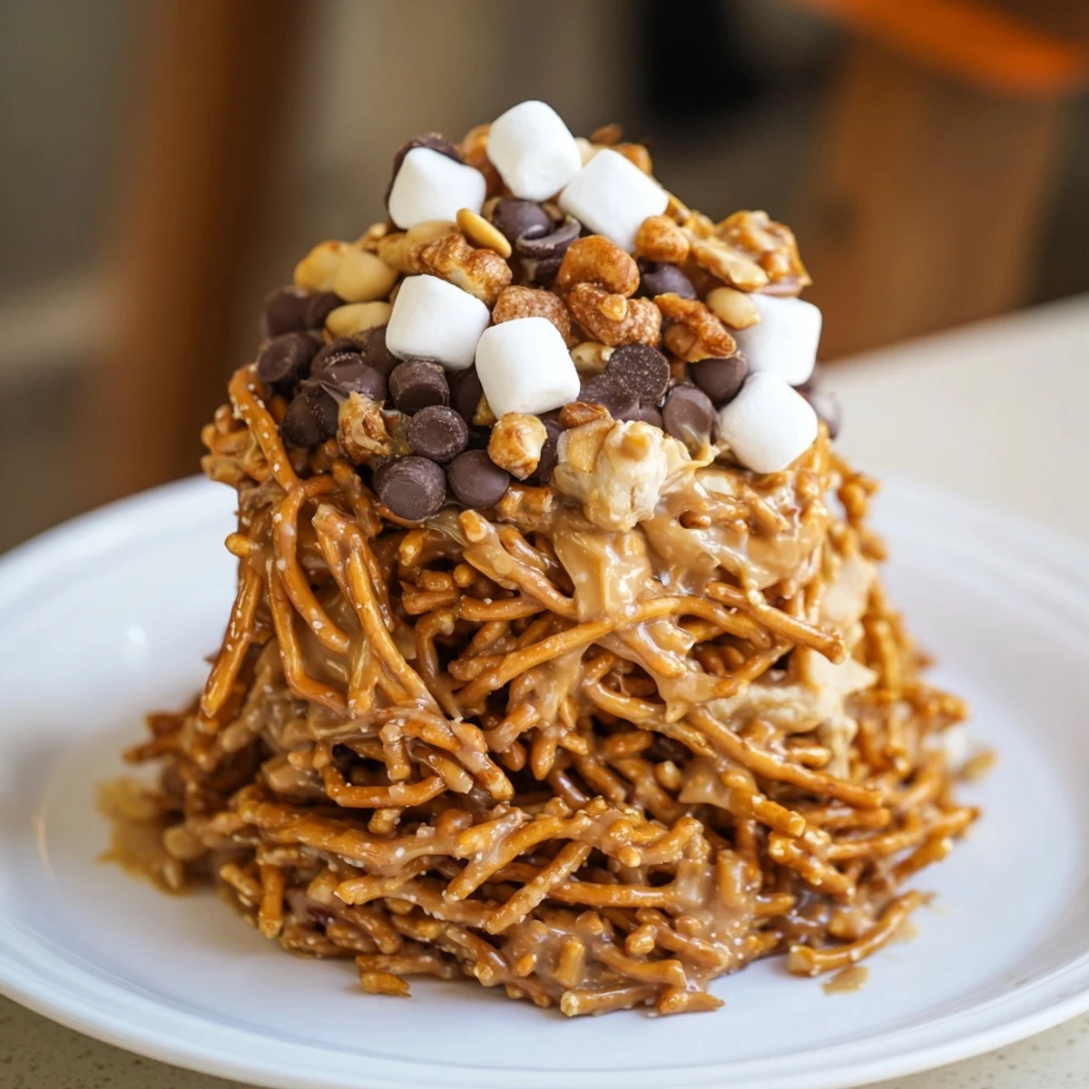 Sweet haystack candy, a delightful dessert tower, features toasted coconut and chopped peanuts, perfect for a party.