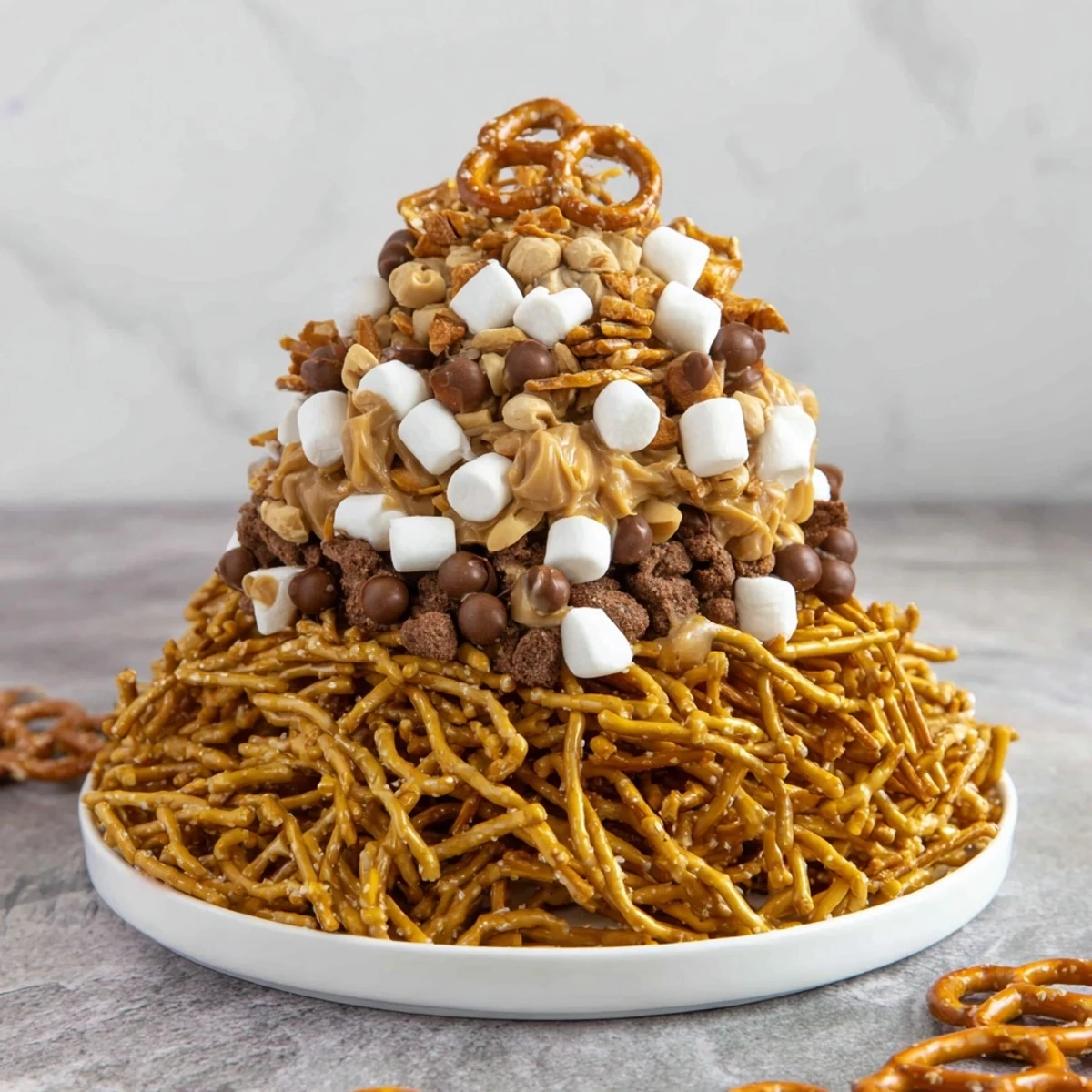 This haystack candy tower features layers of crunchy noodles and chocolate, perfect for sharing.