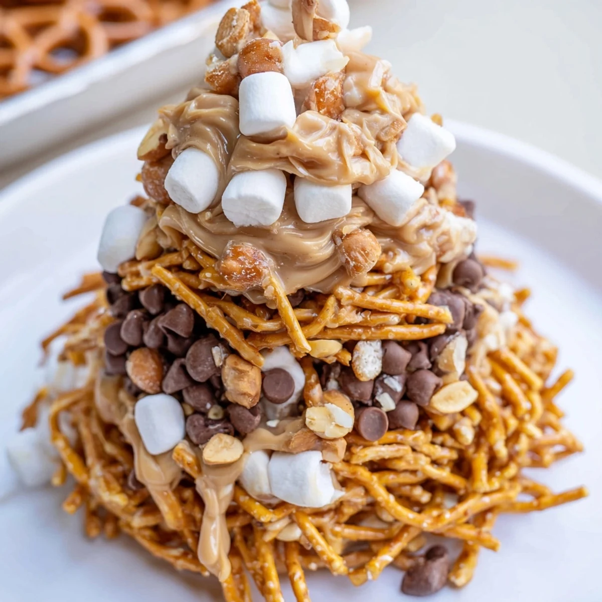 Crispy haystack candy towers made with butterscotch, pretzels, and white chocolate; a classic treat.