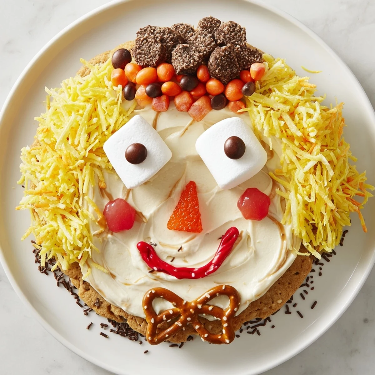 Homemade and delightful Scarecrow Candy Platter, a cute edible centerpiece for a fun Halloween party.