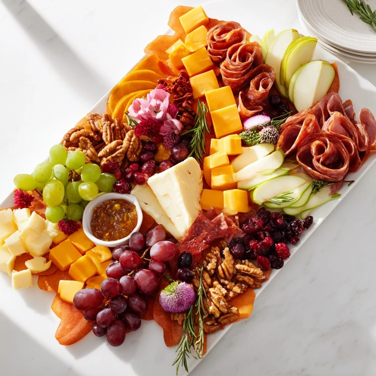Delectable maple leaf grazing tray, a perfect fall appetizer featuring cheeses, charcuterie, and fresh fruit.