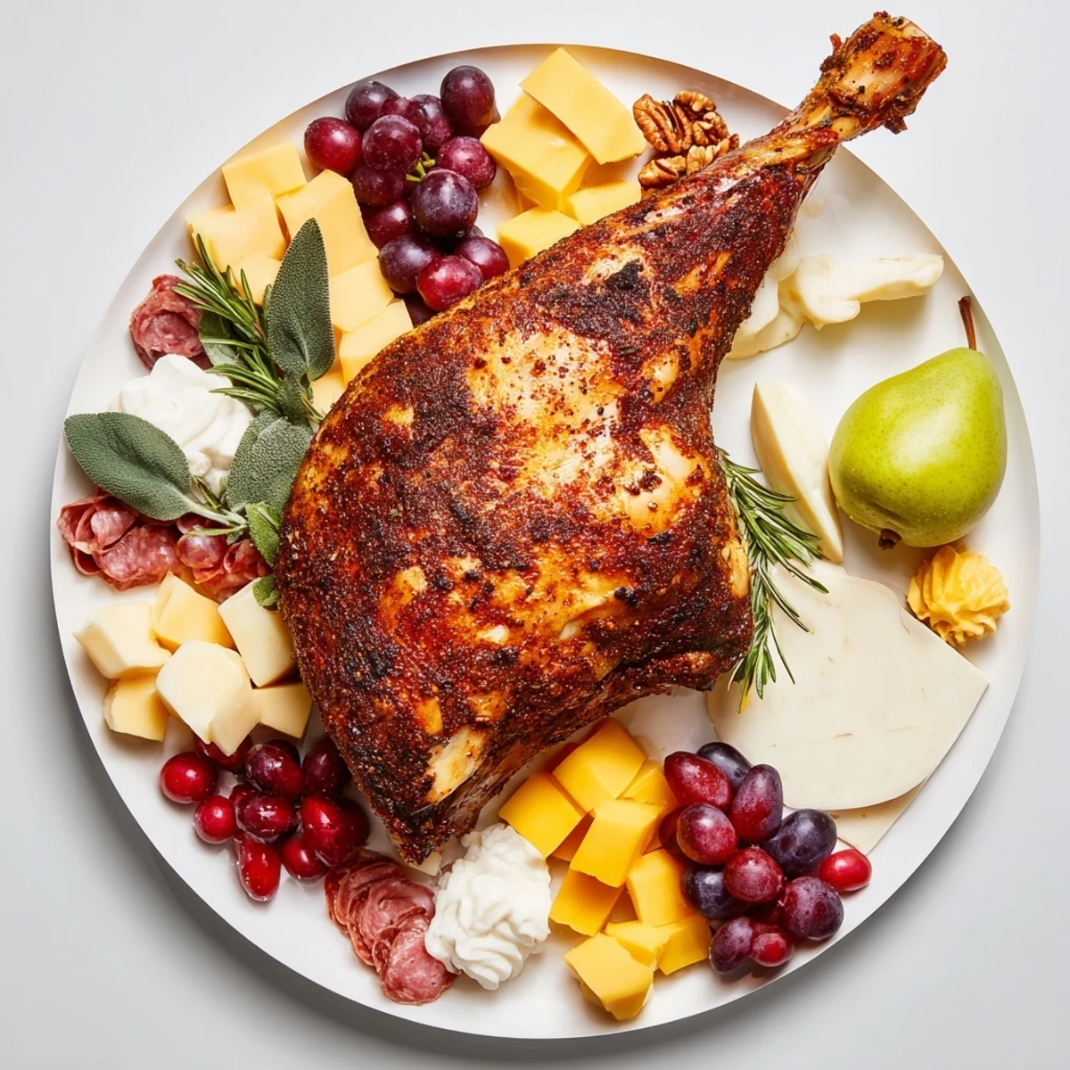 Beautiful Thanksgiving Turkey Legs Charcuterie board, showcasing roasted turkey legs surrounded by festive accompaniments.