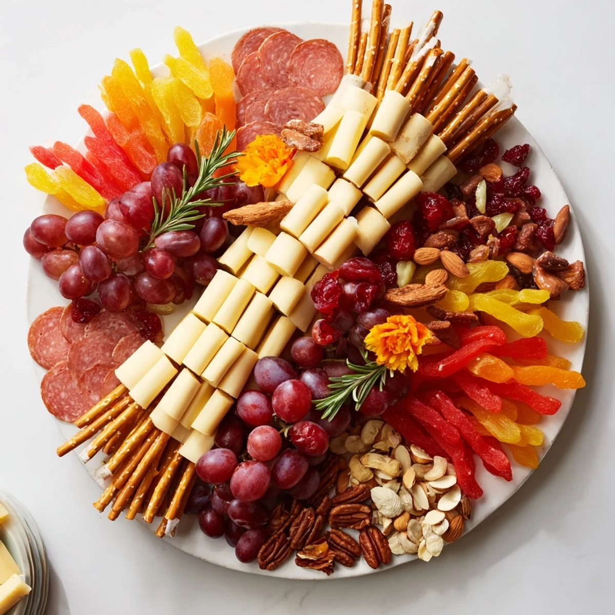 Flickering Fire Log Snack Board, a festive arrangement of cheeses, meats, and colorful fruits, perfect for sharing.