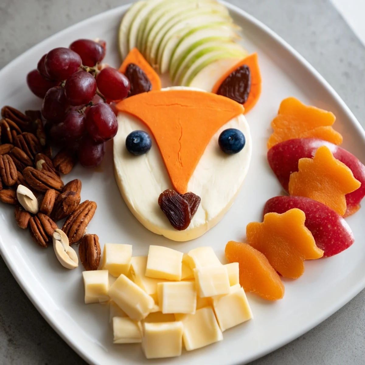A whimsical Fox Fall Treat Board, overflowing with fall fruits, cheeses, crackers, and sweet snacks.