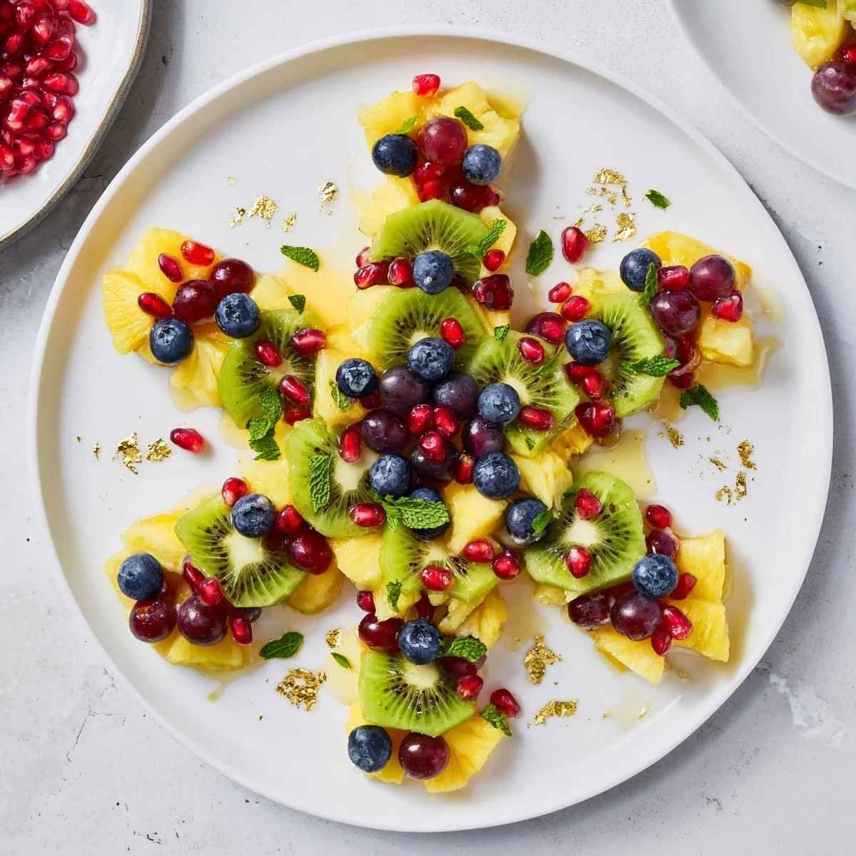 A vibrant Three Kings Royal Fruit Platter with juicy pineapple, grapes, and a sweet honey-lime drizzle.