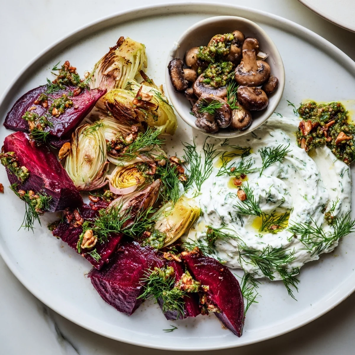 A vibrant Pine Forest Winter Mezze Board, showcasing roasted vegetables and creamy labneh ready to serve.
