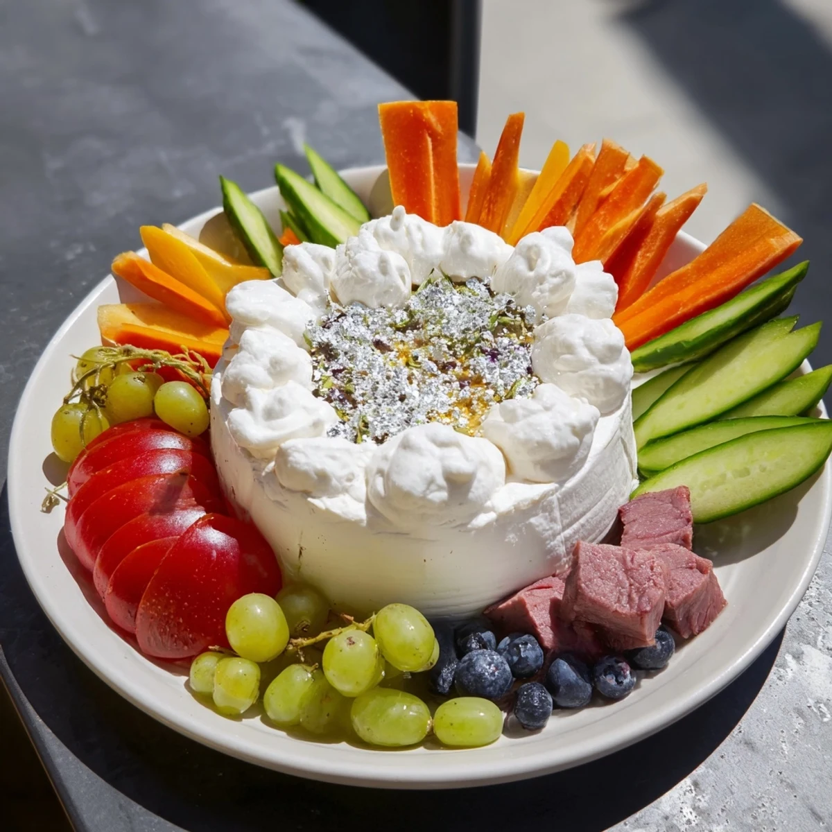 This elegant grazing board features delightful Fluffy Clouds Lamb, arranged with fresh veggies and sweet treats.
