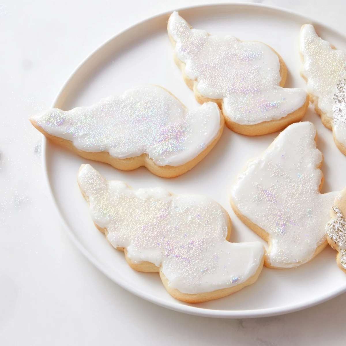 A plate piled high with golden Angel Wings sugar cookies, iced and sparkling with edible glitter.