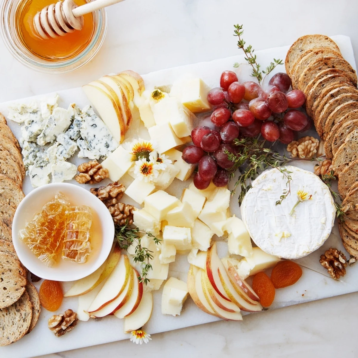 Honeycomb, Honey & Cheese Board with creamy Brie next to honeycomb and grapes, ready to serve.