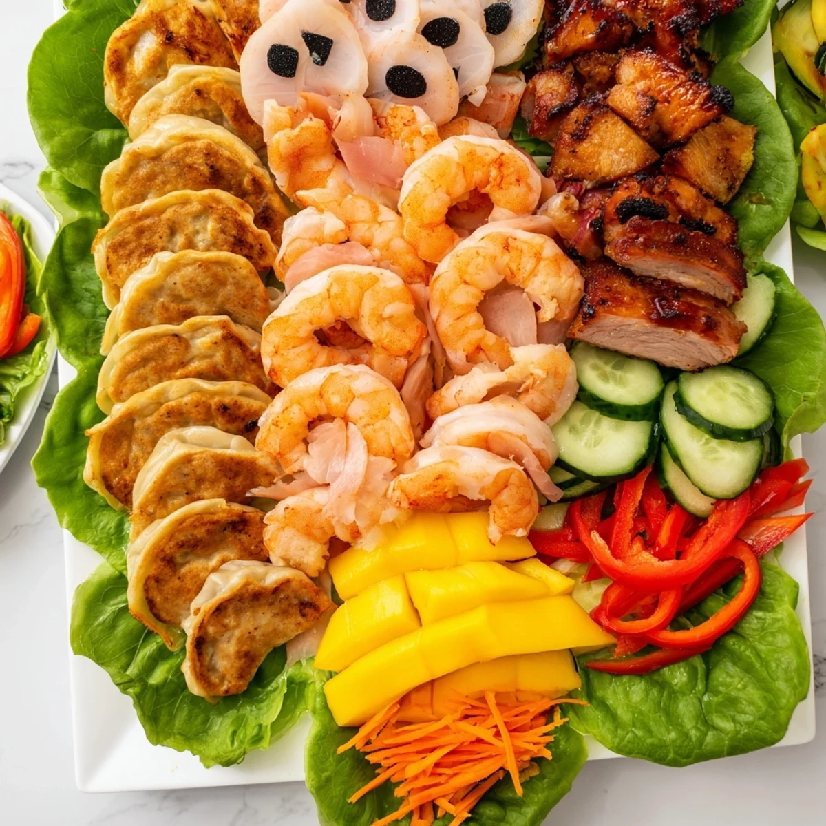 Enjoy this vibrant Lunar New Year Dragon Platter, showcasing shrimp, potstickers, and fresh, colorful veggies.