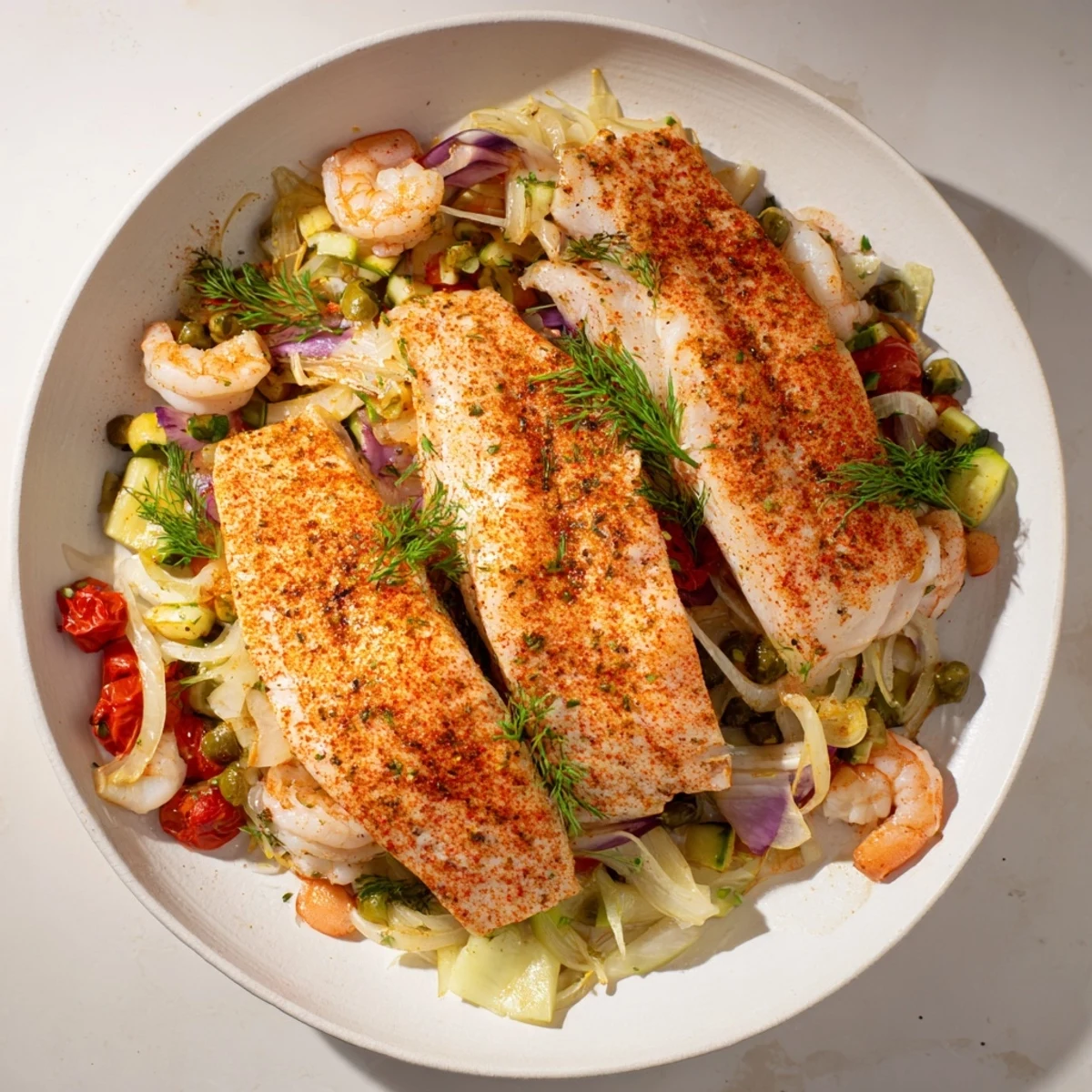 A close-up of Plongeons dans lOcéan Poisson Bleu shows the vibrant colors of perfectly cooked seafood and vegetables.