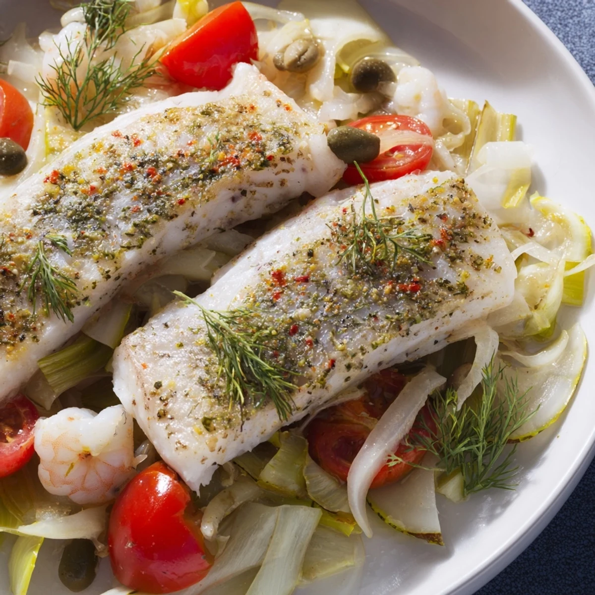 Delectable Plongeons dans lOcéan Poisson Bleu showcasing flaky blue fish fillets baked with fresh vegetables.