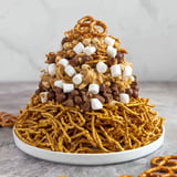 This haystack candy tower features layers of crunchy noodles and chocolate, perfect for sharing.