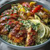 A wholesome paprika herb chicken bowl showcases tender roasted zucchini, bell peppers, and red onion, finished with fresh parsley and lemon wedges.
