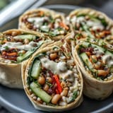 A close-up of vibrant Black-Eyed Pea Wraps, showcasing colorful layers of spinach, carrots, and bell peppers drizzled with lemon-tahini dressing.