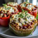 Brightly colored bell peppers stuffed with a hearty mixture of black-eyed peas, rice, and spices, baked until tender with melted cheese on top.