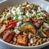 In this wholesome Black-Eyed Pea Grain Bowl, tender beans and caramelized vegetables meet nutty wild rice, topped with crunchy pumpkin seeds for a satisfying texture contrast.