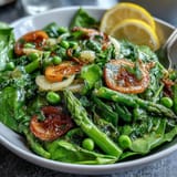 A vibrant spring salad featuring crisp radishes, sweet peas, and zesty lemon vinaigrette tossed with fresh greens
