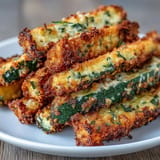 Tender zucchini sticks coated in Parmesan, ready for a delicious dip.