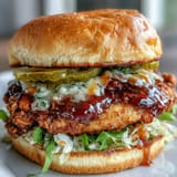 Golden fried chicken sandwich with spicy hot honey drizzle, served on a bun.