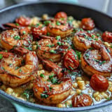 Jeweled Garlic Butter Shrimp and Corn Skillet, ready for a quick dinner.