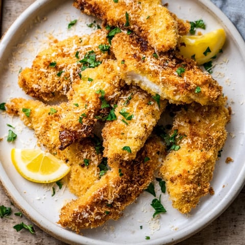 Golden-brown garlic Parmesan chicken tenders ready to serve, a flavorful family favorite.