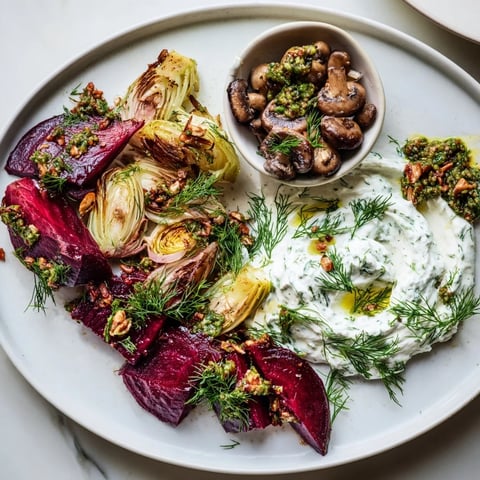 A vibrant Pine Forest Winter Mezze Board, showcasing roasted vegetables and creamy labneh ready to serve.