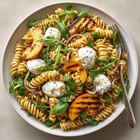 Grilled peach & burrata pasta salad served chilled, featuring creamy cheese and toasty pine nuts.