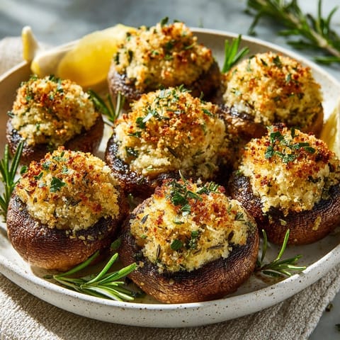Close-up of Rosemary Parmesan Stuffed Mushrooms with bubbling cheese and fresh herbs on top.
