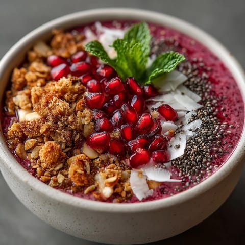 Creamy Cherry-Coded Smoothie Bowl with coconut flakes and chia seeds for a holiday treat.