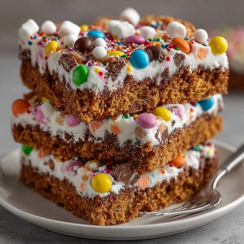 Close-up of Silly Cake Gingerbread House Collapse Bars showing chewy spiced layers and playful candy decorations