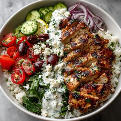 Juicy grilled chicken atop rice, fresh vegetables, and a creamy lemon tahini drizzle for a Greek Chicken Bowl Meal Prep.