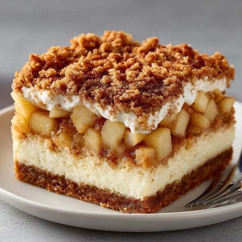 A close-up showing creamy layers of Sweet Comfort Apple Crisp Cheesecake Bars with cinnamon-spiced apple chunks.