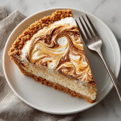 A close-up shows the creamy swirl detail of this homemade Pumpkin Cream Cheese Pie.