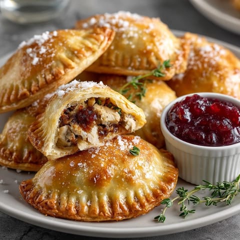 Savory and comforting Turkey & Stuffing Hand Pies, ready to be enjoyed with a tangy cranberry dip.