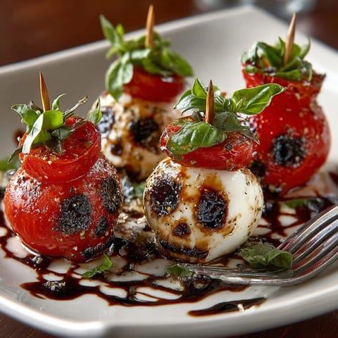 Fresh Caprese Skull Skewers featuring mozzarella and basil, decorated with a spooky balsamic glaze web.