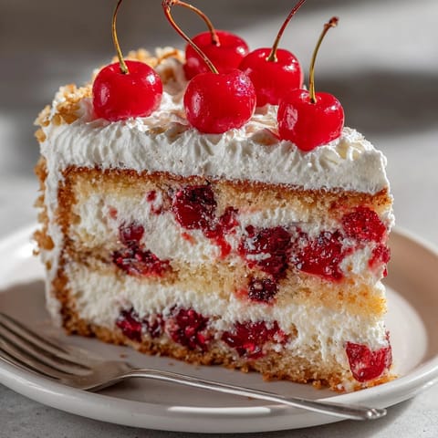 A slice of decadent Rebel Float Cherry Soda Cake with fluffy layers and a creamy vanilla whipped topping.