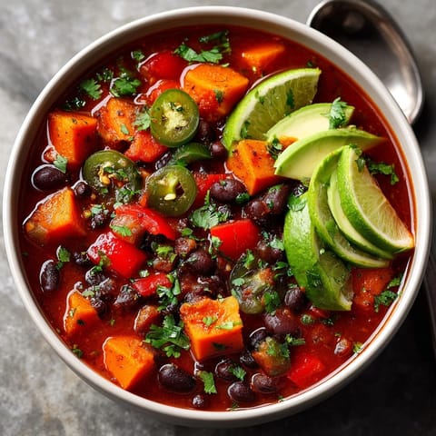 Vibrant image of a hearty sweet potato and black bean chili; perfect for a cozy autumn dinner.
